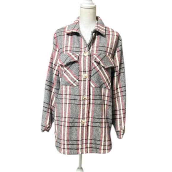 Ellison Jacket plaid tweed trendy front button cream gray sz Large lined - Picture 3 of 10